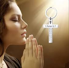 Cross Keychain Stainless Steel Slogan Religious Key Ring Bible Scripture  Key Buckle 1 Peter 5:7 Creative Keychain