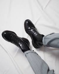 Black Dr Martens Boots Men Style Fashion Shoes Inspiration Grey Striped Trousers Shopping Fall Winter Dress Shoes Men Office Boots Dress Shoes