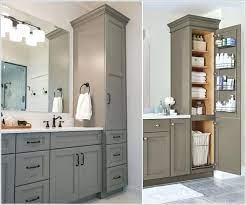 It features two types of shelving: Bathroom Tower Shelves Extend The Vanity Into A Storage Tower Cabinet Basement Bathroom Remodeling Bathroom Remodel Small Diy Bathroom Furniture Storage