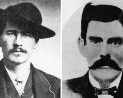 Image of Black and white portraits of Wyatt Earp, Virgil Earp, Morgan Earp, and Doc Holliday, the lawmen involved in the gunfight