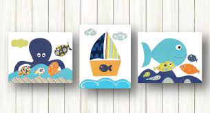 Temporary decor solutions like wall decals are such a good idea: Amazon Com Nautical Nursery Wall Art Kids Room Decor Baby Nursery Art Bathroom Art Set Of Three Prints Boat Octopus Fish Sea Handmade