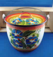 Unusual Vintage Enamel Ware Enamelware Lidded Pot Metal Flip Up Handle Hand Painted Morning Glories Czechoslov Vintage Enamelware Enamelware Unusual Vintage