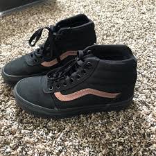 Black And Rose Gold Vans All Black And Rose Gold Stripe Vans Worn A Few Times High Top Vans Vans Vans Shoes High Tops