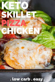 Skillet Keto Pizza Chicken Recipe With Tomatoes Mozzarella And Bacon Recipe Chicken Recipes Chicken Recipes With Tomatoes Clean Eating Salads