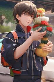 Chico anime con una mochila sosteniendo un ramo de flores - SeaArt AI