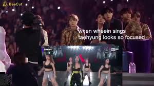 Wheein promoted taehyung's solo song sweet night, someone introduced her to peakboy (taehyung's close friend) for a collab, so there's a lot of overlap between the two. 2019 Mama Taehyung Reaction To Mamamoo Especially Wheein Youtube