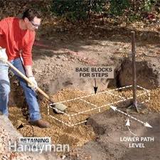Spread mortar and lay stones a 1 layer of mortar is spread and the stones are laid one riser and tread at a time and tapped into place with a rubber mallet. How To Build Stone Steps And Path Diy Family Handyman