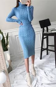 Turtleneck Twist Knitted Long Dresses Long Knitted Dress Turtle Neck Dress Long Sleeve Knit Dress