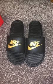 Black And Gold Nike Slides Womens Benassi Jdi Nike Slides In Black With Gold In Size 11 I Actually Have No Idea If They Are Men S Or Women S But I Think It S A Siz Nike Slides Nike
