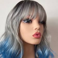 14 WAVY BLUE GREY OMBRE BANG WIG *NEW*