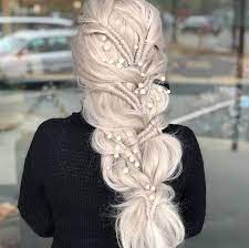 Intricate Braided Hair Platinum Blonde Hair How To Braid White Pearls Black Cardigan Braided Hairstyles Braids For Long Hair Long Hair Styles