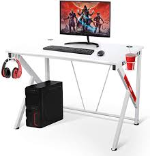 Amazon Com Gaming Desk 42 K Shaped Computer Table For Home Office Gamer Workstation With Headphone Hooks And Cable Man In 2020 White Computer Desk Desk Gaming Desk
