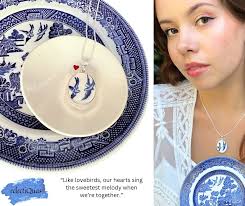 Express your love with this romantic Love birds necklace handmade (by me ❤)  with upcycled vintage Blue Willow china and sterling silver.  https://eclectiquas.com/products/vintage-blue-willow-love-birds-necklace-57389 