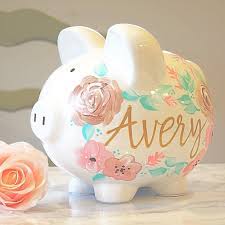 This abcs piggy bank for kids (inspired by baby blocks) can be customized with their first name, their birthdate and their birth height and weight. Personalized Piggy Banks For Babies