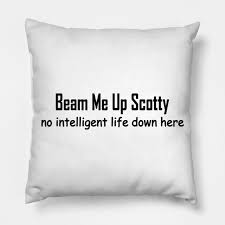 Furthermore, the person who was being beamed up or had an idea that it was about to happen would know that writing on a bathroom stall would be ineffective at communicating their present situation. Beam Me Up Scotty No Intelligent Life Down Here Beam Me Up Scotty Pillow Teepublic