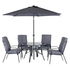 Some of our garden dining sets come with a parasol included, ideal for adding some shelter over you throughout those long, hot, sunny days. Azuma Cadiz Garden Dining Set 6 Piece Round Dinner Table Chairs Parasol Grey Steel Frame Outdoor Patio Furniture Conservatory Buy Online In Brunei At Brunei Desertcart Com Productid 65435072