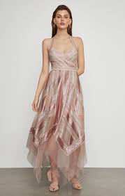 Lyst Bcbgmaxazria Bcbg Metallic Striped Handkerchief Dress In Pink Bcbg Pink Dress Dresses Bcbg Dresses
