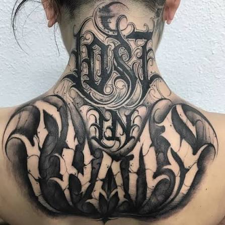 Discover 15 Gothic lettering and calligraphy neck tattoo ideas | gothic neck tattoo for guys, heavy metal neck tattoo, knee lettering tattoo and more