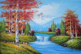 Small Waterfall Scenery in Autumn Oil Painting Landscape Naturalism 24 x 36  Inches