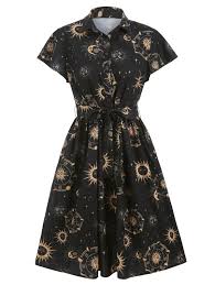 Sun Moon And Star Print Belted Button Dress Star Dress Dresses Fall Dress Outfit