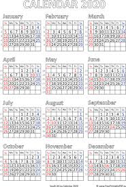 Calendar 2020 South Africa Free Printable Pdf