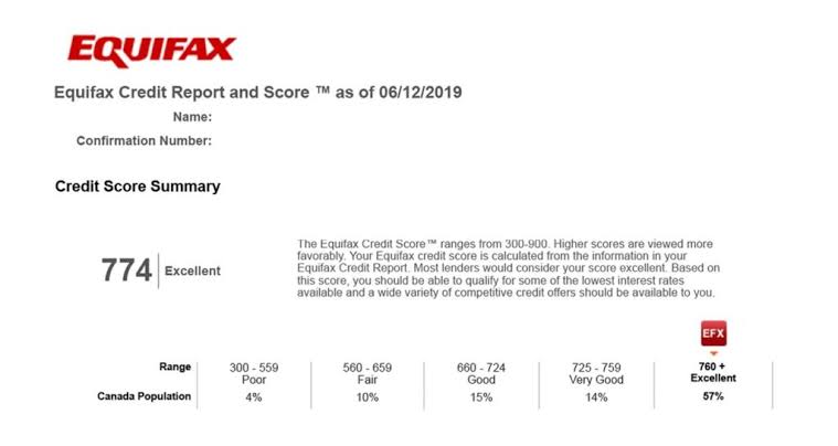Close up of an Equifax credit file report header