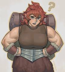 m4rjinn, namari (dungeon meshi), dungeon meshi, commentary, english  commentary, highres, 1girl, ?, arm guards, armor, artist name, backpack,  bag, bare shoulders, breasts, brown shirt, cowboy shot, dwarf, fur trim,  grey eyes, hair