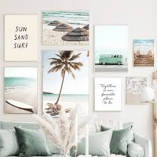 Tropical Sea Beach Waves Poster Coconut Tree Bridge Truck Canvas Painting  Nordic Living Room Wall Art Pictures For Home Decor