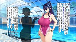 takeda hiromitsu, aomiya mizuha (juukon sentai juusoldier), juukon sentai  juusoldier (takeda hiromitsu), tagme, translation request, 1girl, 1other,  blue eyes, blue hair, breasts, hair between eyes, huge breasts, indoors,  one-piece swimsuit, ponytail, pool,