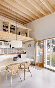 Helle Freundliche Wohnkuche Mit Holzgalerie Zugang Nach Draussen Uber Holz Hebeschiebetur Haus Holzhaus Wooden Cottage Tiny House Design Small Summer House