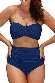 Coutgo Women Plus Size High Waisted Swimsuit Two Pieces Strapless Bikini Bathing Suit Xxl Navy Bikinis Bikini Set High Waist Swimsuits High Waisted