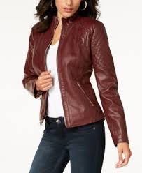 Guess Quilted Faux Leather Moto Jacket In Burgundy Modesens Faux Leather Moto Jacket Leather Jackets Women Leather Moto Jacket