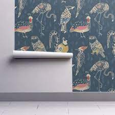 Geo Birds Large Folksy Navy Wallpaper Nouveau Bohemian Spoonflower Geometric Bird Wallpaper Geometric Bird Bird Wallpaper