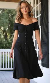 Summer Style Black Linen Off The Shoulder Midi Dress Statement Earrings Black Slides Reformation Elizabet Casual Summer Dresses Fashion Casual Dresses