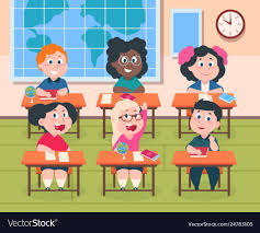 Kids In Classroom Cartoon Children In School Studying Reading And Writing Cute Happy Girls And Boys Vect School Kids Activities Art Classroom Kids Classroom