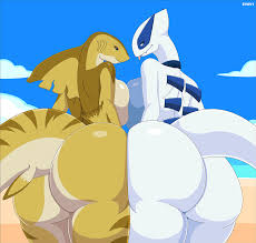 121551 - suggestive, artist:evov1, oc, oc only, fictional species, fish,  legendary pokémon, lugia, shark, anthro, nintendo, pokémon, 2018, 2d, 2d  animation, animated, beach, big breasts, blinking, blushing, breast squish,  breasts, butt, butt