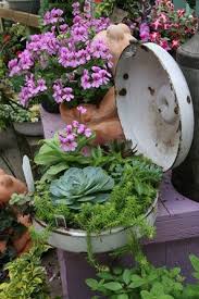 I Used To Find Lot Of Great Old Enamel And Metal Containers In Thrift Stores And Flea Markets A Favorite Way Unusual Planter Garden Junk Flea Market Gardening