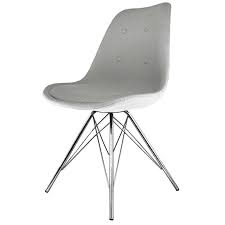 It has a tall seat back that is comfortable and attractive, and a seat that is upholstered in faux black vinyl for additional style. Eiffel Inspired Light Grey Fabric Dining Chair With Chrome Metal Legs