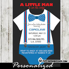 Turquoise grey yellow bow tie baby shower invitation for a little man. Blue Bow Tie Jumpsuit Baby Shower Invitation Personalized Cupcakemakeover