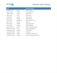 List of us bank holidays for calendar year 2021. Gibraltar Holidays 2021 In Pdf Word And Excel