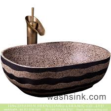 The cameleone round glass vessel bathroom sink is a handcrafted designer glass sink made with layered dichroic glass. Oval Chinese Antique Simple Style Art Domestic Bathroom Wash Sink Brown Color With Black Striations On Surface And Spots On Wall Xxdd 41 2 Brown Color Wash Hand Basin Style