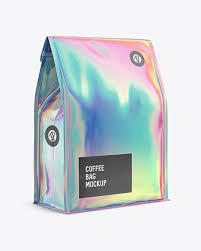 Holographic Foil Coffee Bag W A Tin Tie Mockup Halfside View Holographic Foil Mockup Free Psd Free Psd Mockups Templates