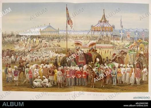 Crowd and procession of elephants at the Delhi Durbar event to celebrate Queen Victoria taking the title Empress of India. January 1st 1877. . The History of the Imperial - Album alb1960390