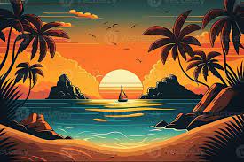 tropical plage avec océan le coucher du soleil et paume des arbres, dessin  animé été voir, illustration avec été arrière-plan, génératif ai 23372023  Photo de stock chez Vecteezy