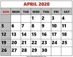 April 2020 printable Calendars