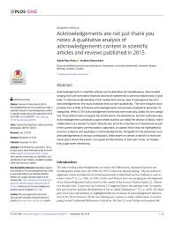 He goes into great depth on all of . Pdf Acknowledgements Are Not Just Thank You Notes A Qualitative Analysis Of Acknowledgements Content In Scientific Articles And Reviews Published In 2015