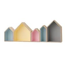 Etagere Murale Bois 5 Maisons Multicolores Pastel Bloomingville Etagere Murale Bois Maison Pastel Decoration Enfant