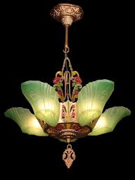 Antique Art Deco Green Glass 5 Slip Shade Chandelier Lights Lamps Fixture C1930 Art Deco Chandelier Art Deco Lighting Art Deco Lamps