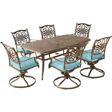 Hanover Traditions 7 Piece Aluminum Outdoor Dining Set With Rectangular Cast Top Table And Swivel Chairs With Blue Cushions Traddn7pcsw6 Blu The Home Depot In 2020 Blue Outdoor Furniture Outdoor Dining Set Swivel Dining
