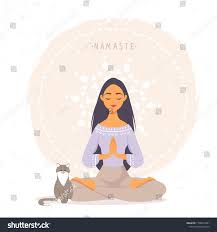 Amazing Cartoon Girl In Yoga Lotus Pose With Cute Cat Practicing Yoga Vector Illustration Young And Happy Woman Yoga Cartoon Yoga Drawing Yoga Illustration